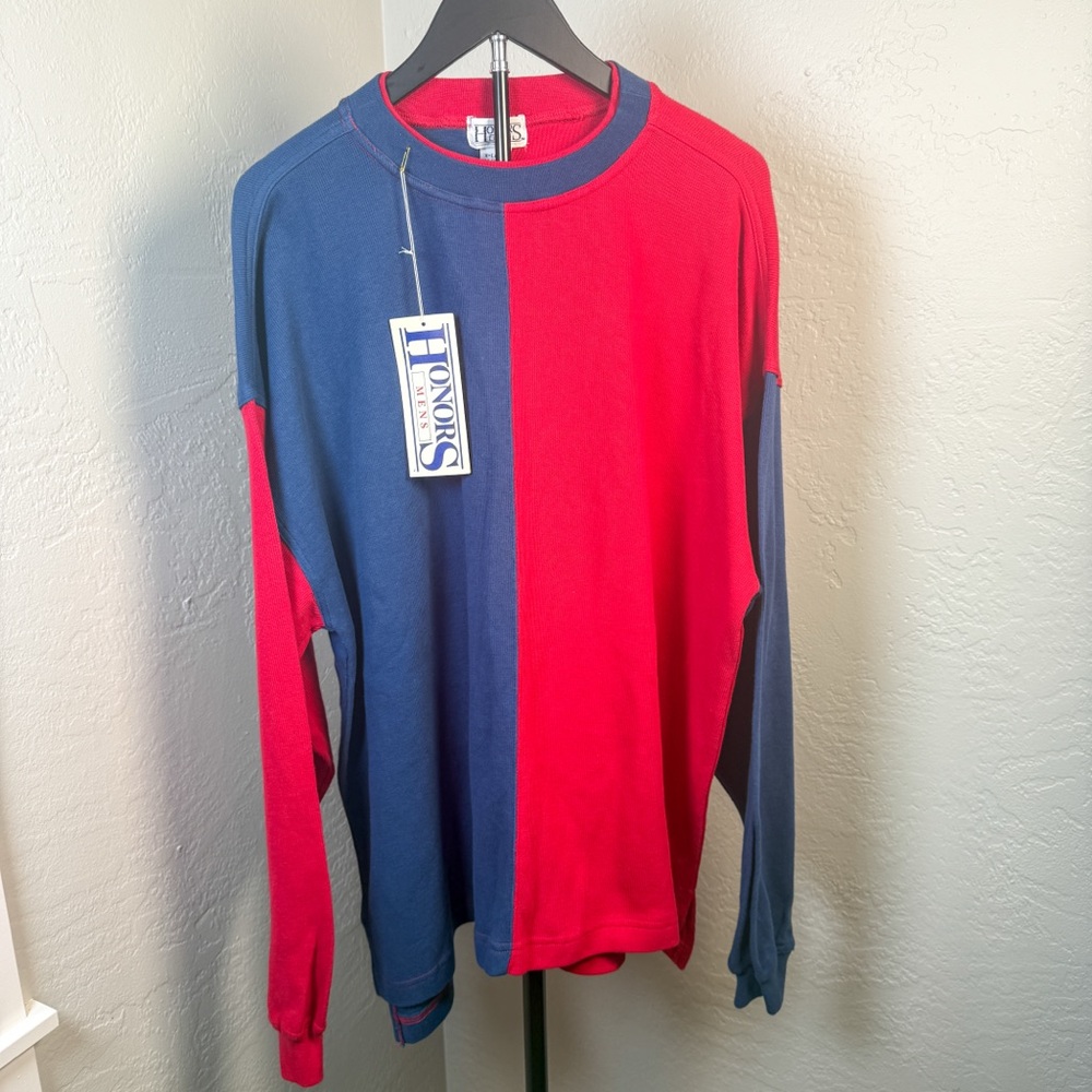 Honors Men’s Colorblock Long Sleeve Shirt Red Navy 100% Cotton Vintage Size XL